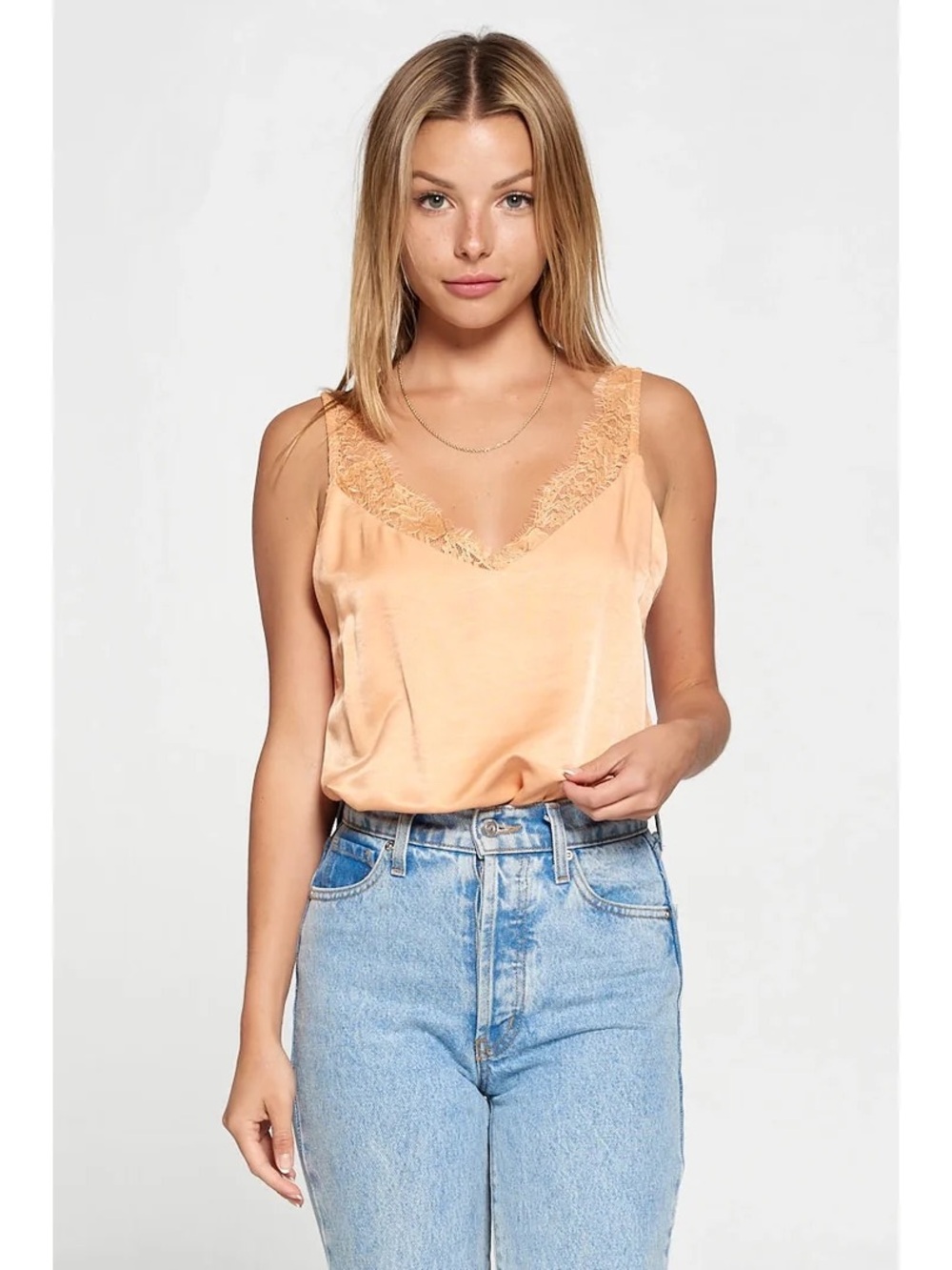 Satin Lace Trim Cami Tank Top - Peach